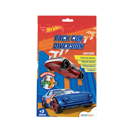 PAQUETE HOTWHEELS ROMPECABEZAS: 1 LIBRO DE COLOREAR, 1 PAG STICKERS, 1 JUEGO DE ROMPECABEZAS, 4 COLORES SICOBEN